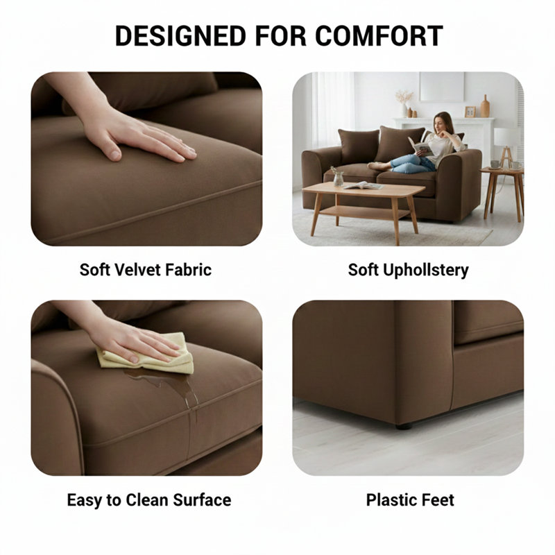 5 Seater Velvet Sofa, Brown