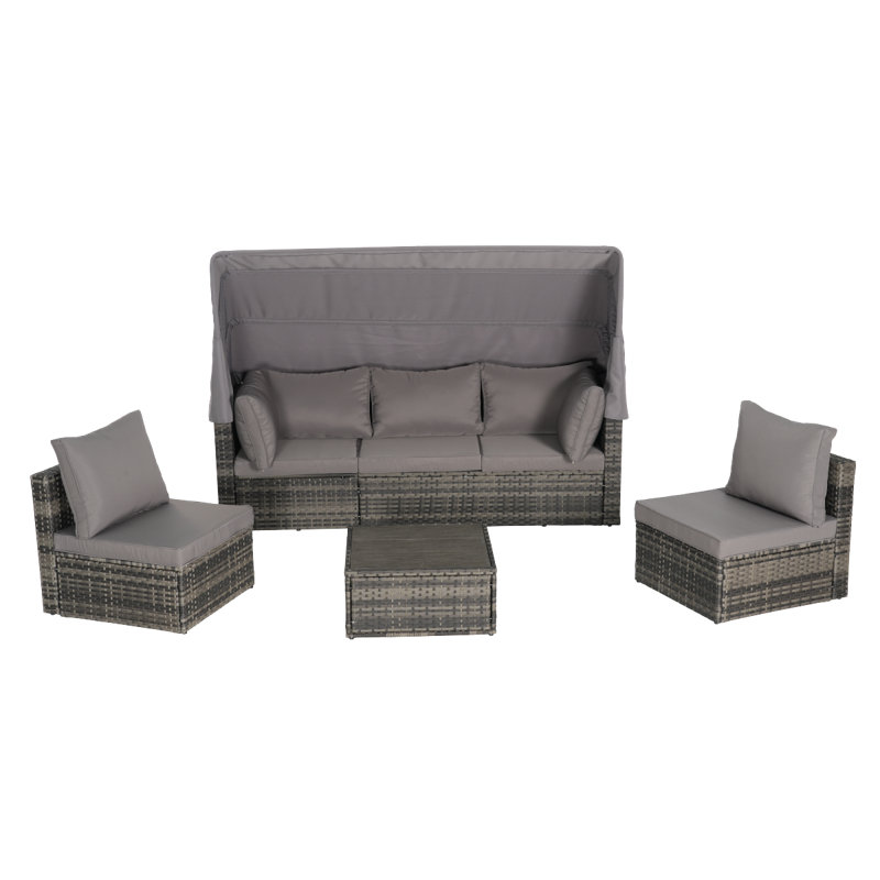 5 Pieces Outdoor Patio Wicker Daybed Furniture Set With Retractable Canopy, Storable Side Table, And Soft Cushions For Relaxing In Your Backyard Or Porch