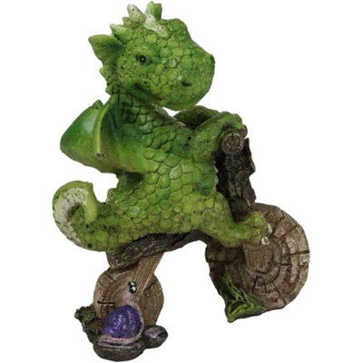 Fantasy Wyrmling Baby Dragon Riding A Wooden Log Cavebike Bicycle Figurine