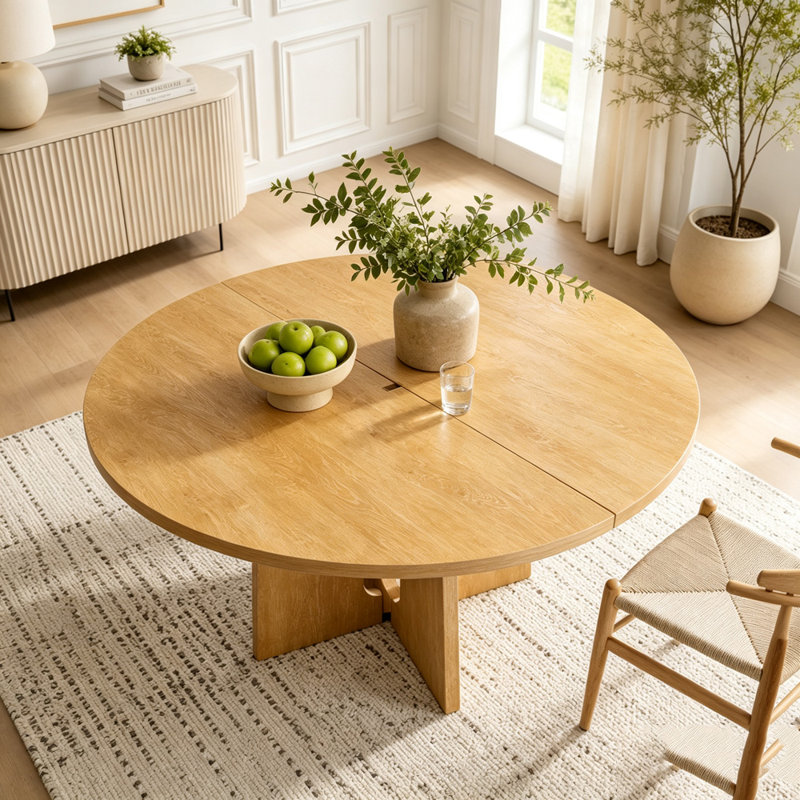 Extendable Solid Wood Round Dining Table, Natural