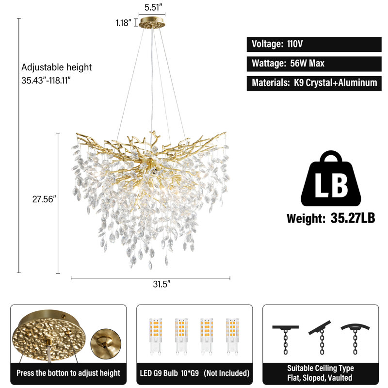 Modern10-Light Chrome Crystal Chandelier With Tree Branch Design, Gold, 27.56" H x 31.5" W x 31.5" D