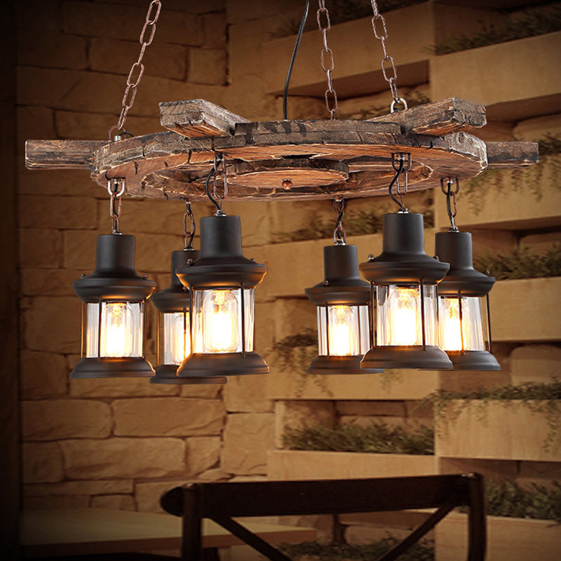 Retro Wooden 6-Light Ship's Wheel Pendant Light