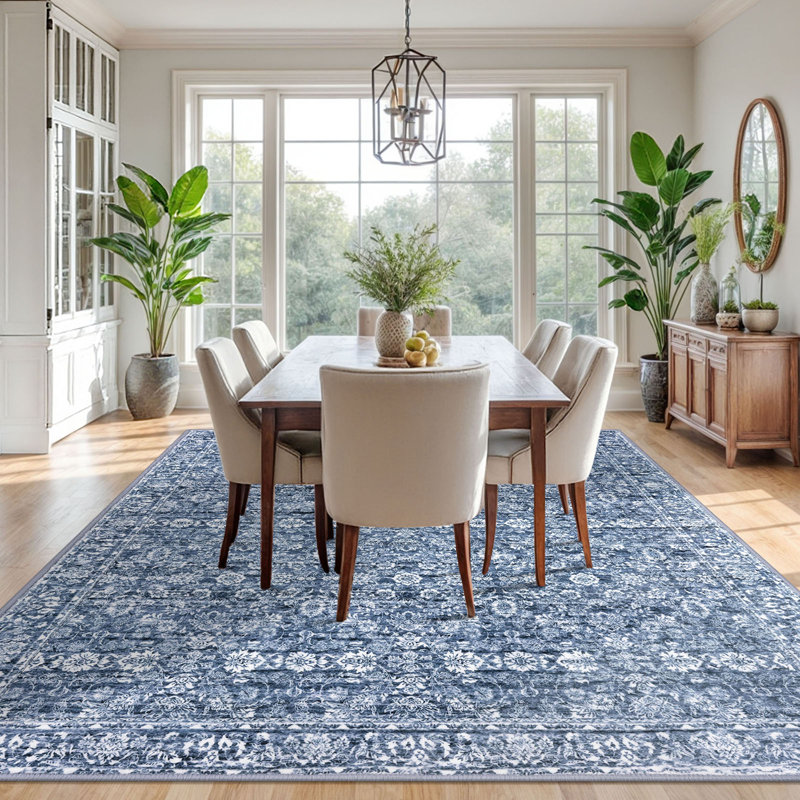 Blue Area Rugs Washable Rug for Living Room Bedroom Rug with Rubber Backing, Rectangle 9' x 12'
