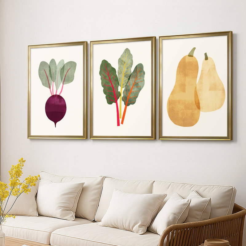 Organic Veg IX - Toile tendue avec châssis sur mesure - 3 pièces, H 30 po x l 63 po, Doré