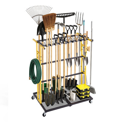 Organisateur de jardin pour outils avec roues, grand support de rangement en métal pour le garage, pour râteaux / pelles / balais / outils de longue ferme, support utilitaire de jardin pour organisation de remise / extérieur / pelouse, acier robuste, noir