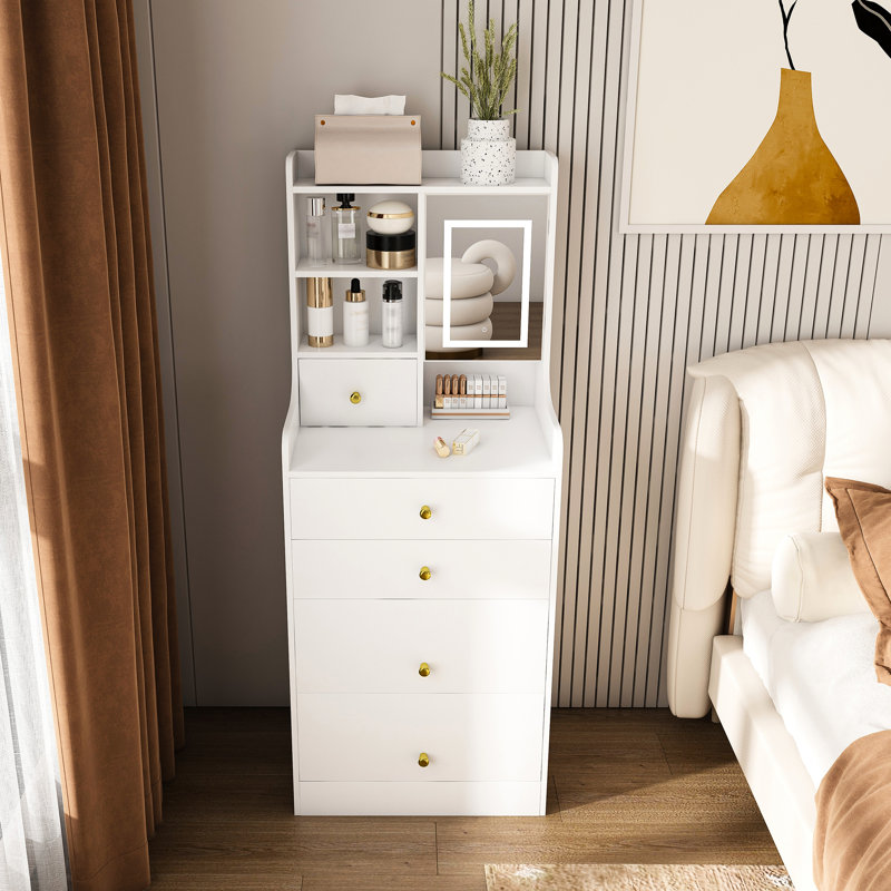 Compact 31 Dressing Table With Led Lighting, Hidden Stool, 4 Drawers & Storage Compartments - White Medium Density , Great For Bedroom And Makeup Adjustable , Padded Stool Open Wood