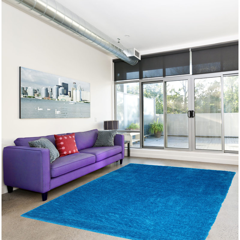 Tapis bleu uni plume ciselé à la main, Rectangle 7 pi 10 po x 10 pi 2 po