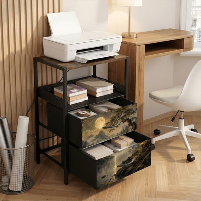 Table de chevet 2 tiroirs avec station de charge, table de chevet pour chambre à coucher avec ports USB, tablette ouverte noire, table de chevet avec paysage de lac de montagne