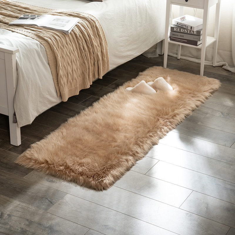 Blakes Solid Color Handmade Faux Sheepskin Area Rug in Beige, Runner 2' x 5'