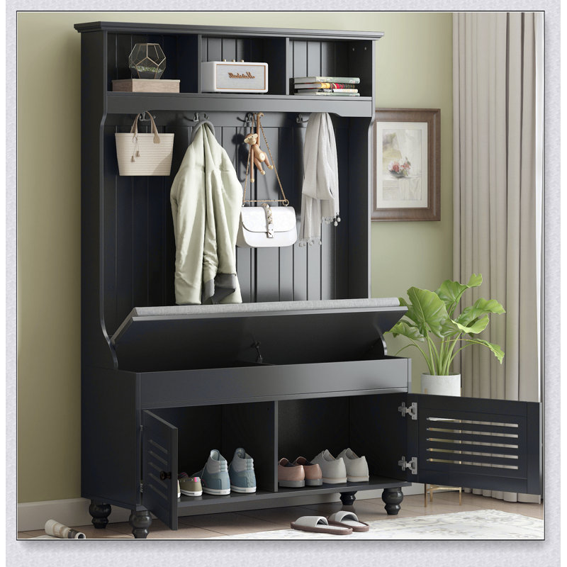 Banc d'entrée 5 en 1 avec portes en forme de volet, portemanteau, coussin et 4 portemanteaux robustes, Noir