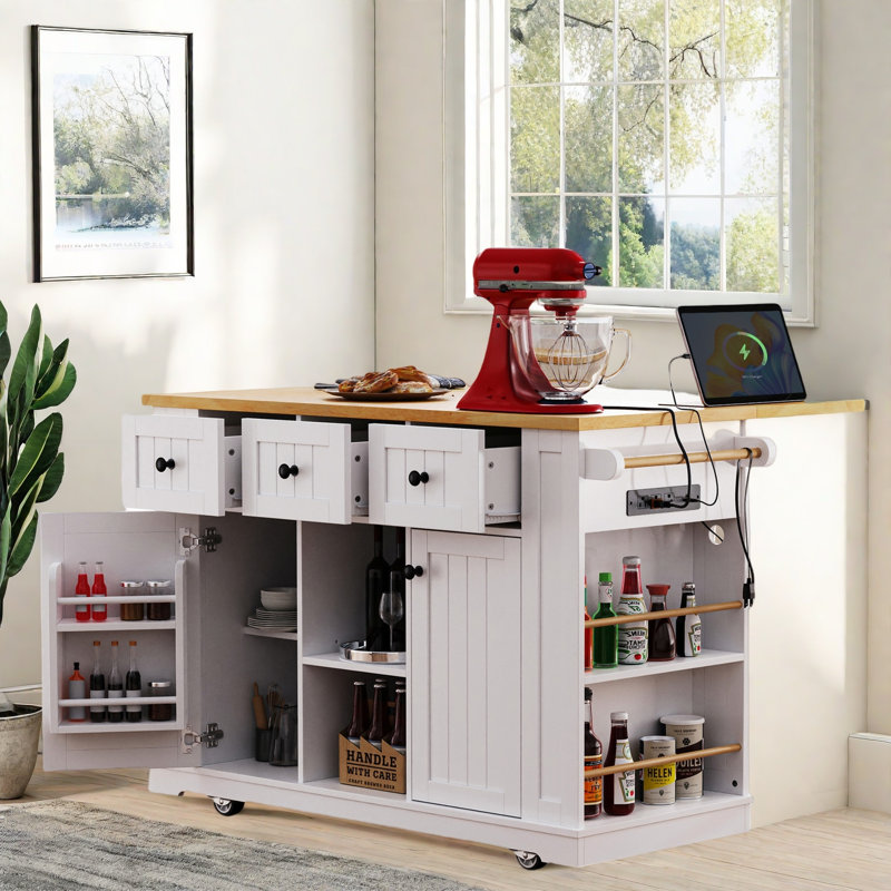 Chariot de cuisine avec plateau en bois manufacturé Braidon, Blanc
