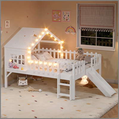 Full Size House Loft Bed with Slide,Playhouse Bed with Star Moon-shaped Designs and Window, Chic Design with LED Lights,No Box Spring Needed,White