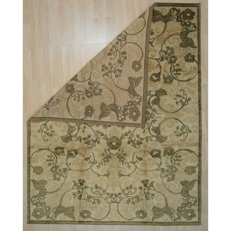Ivory Hand-Knotted Wool Floral Scrollwork Geometric Modern Contemporary Carpet Rug, 9' x 12'