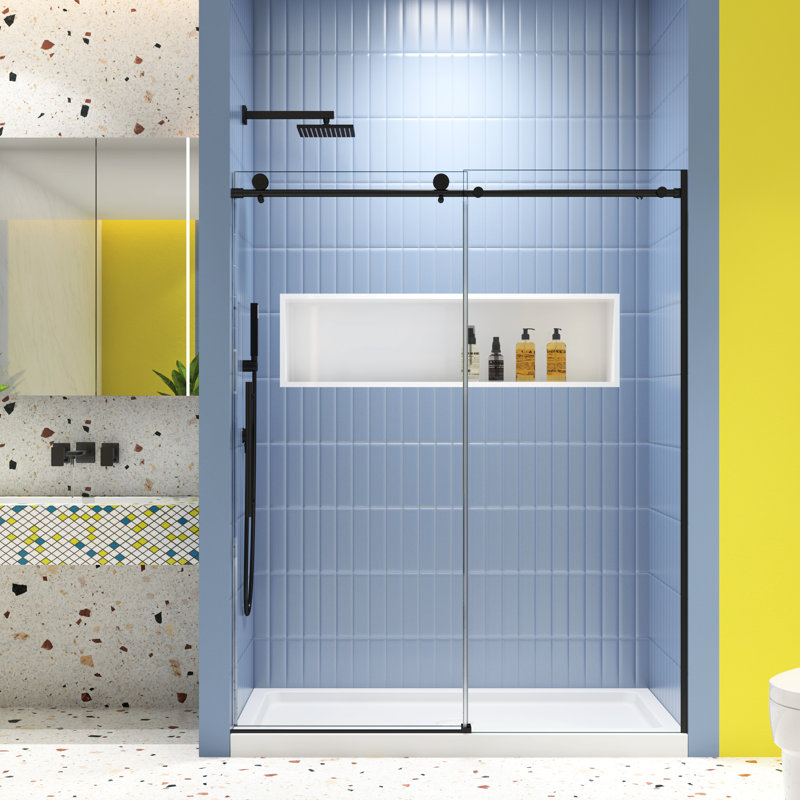 Porte de douche coulissante avec installation facile - Verre trempé de 5/16 po, noir mat, 56-60 po x 74 po, fermeture en douceur 56-60 po x 74 po, rayure