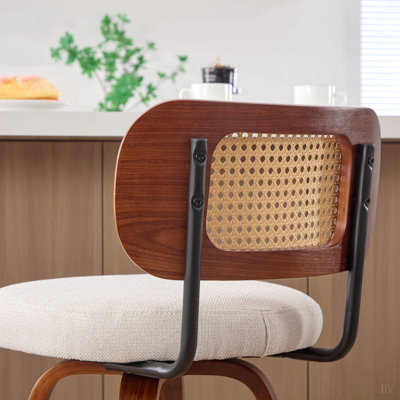 Ensemble de 3 tabourets de bar de 66 cm de hauteur comptoir - Dossier en rotin, siège rembourré en lin, design pivotant pour îlot de cuisine/bar/comptoir