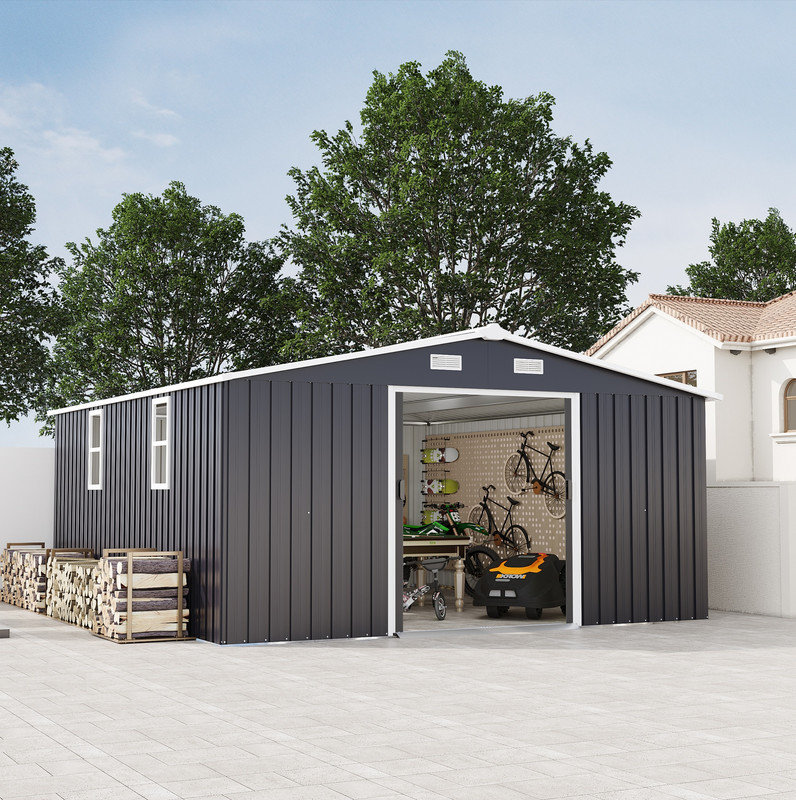 Remise de rangement 10 x 12 pi avec panneau en acier de couleur 0,23 mm et film protecteur de surface, 2 fenêtres de jour, option 2 couleurs, cadeau pratique pour le rangement extérieur