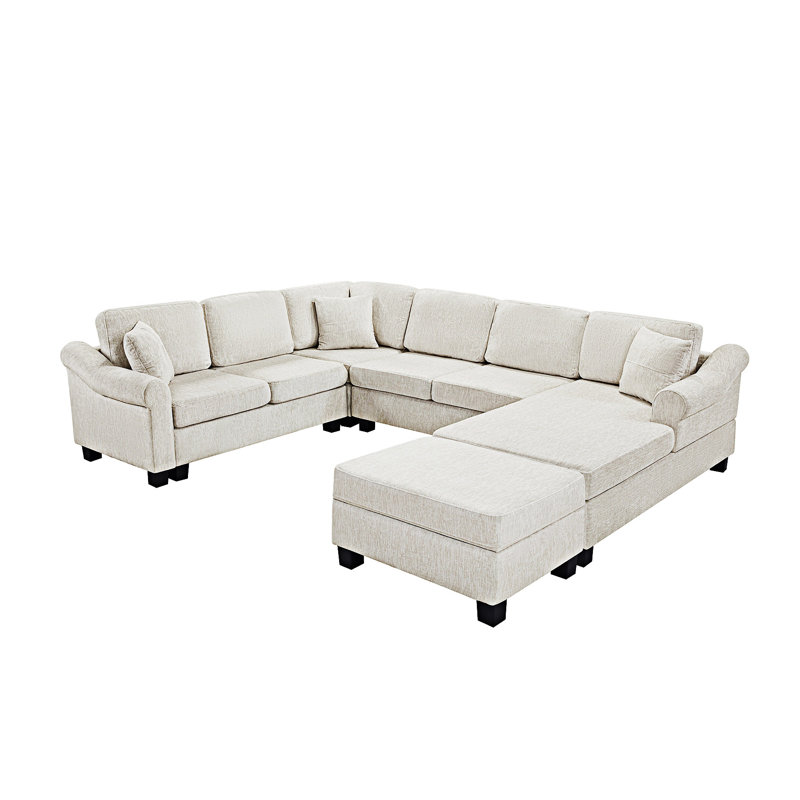 Canapé modulaire rembourré avec repose-pieds de rangement mobile, Chenille blanche