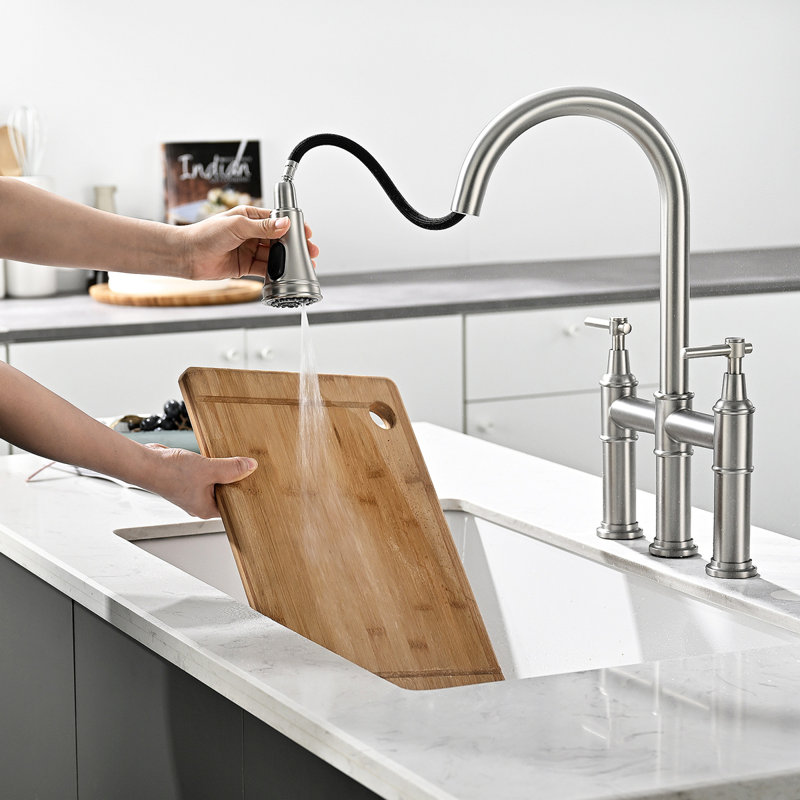 Robinet de cuisine à 3 trous avec douchette rétractable et robinet à 2 poignées pour évier de cuisine