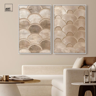 Unsewn Ginkgo & Streamline Scallop Canvas Print Gold Boho Wall Decor Set by Art Remedy, Black Frame, 10 x 15