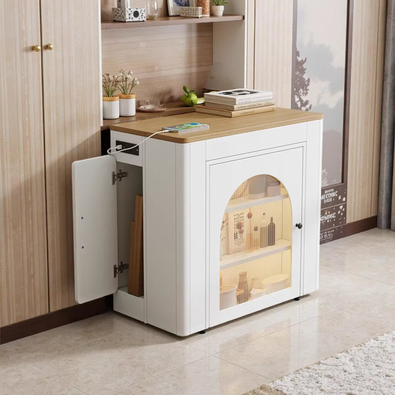 Table de salle à manger extensible avec 3 rallonges amovibles TREXM, îlot roulant mobile avec éclairage DEL et prise de courant, armoire de rangement peu encombrante pour la salle à manger / salon (blanc crème et naturel)
