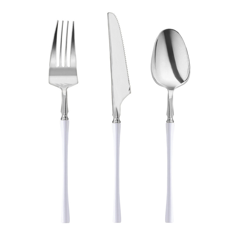Ensemble de couverts jetables en plastique argenté Moderno à manche blanc - 240 couverts