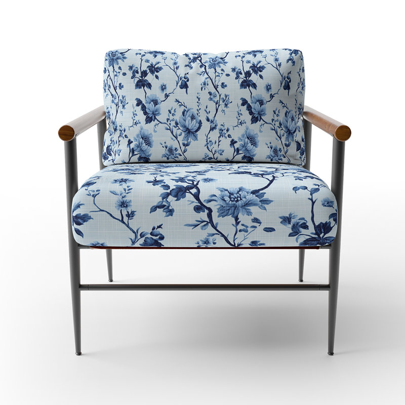 Chaise d'appoint Coastal - Fauteuil Blue Toile, Bras ronds bruns