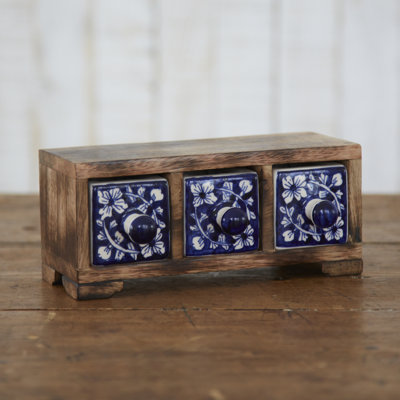 Hand Painted Blue Floral Ceramic 3 Drawer Chest