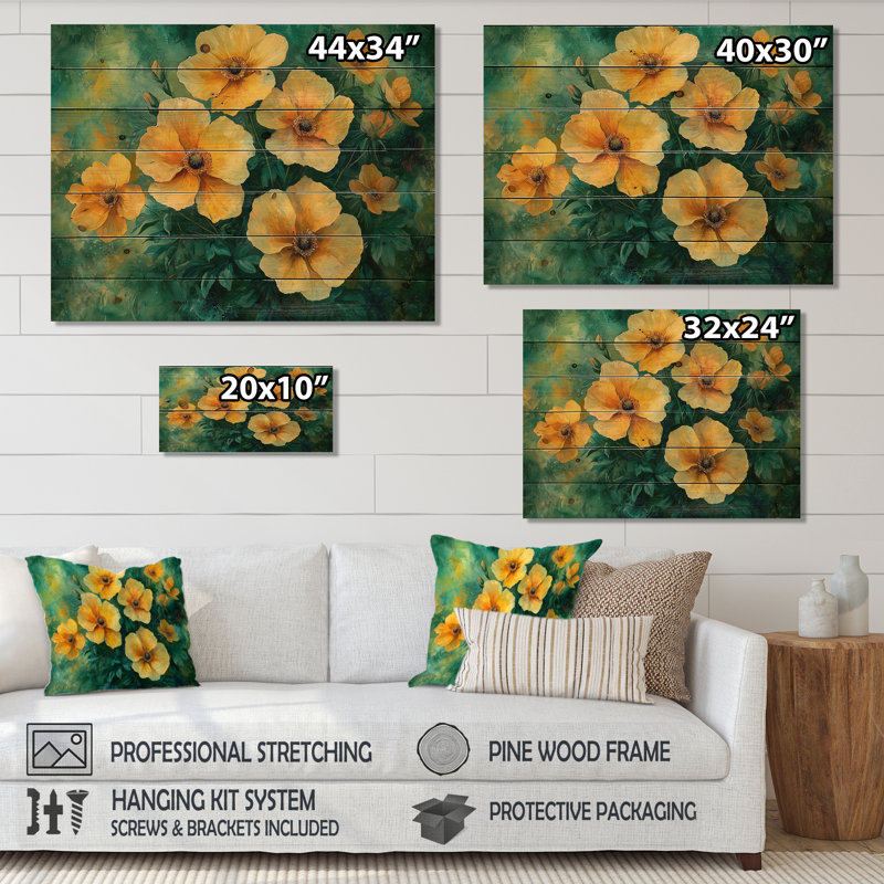 Summers Wildflowers In Tones III - Wildflowers Wood Wall Decor - On Natural Pine Wood, 34" H x 44" W x 0.78" D