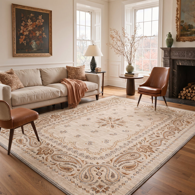 Tapis cachemire ivoire / beige lavable à la machine avec envers antidérapant, Rectangle 9 pi x 12 pi