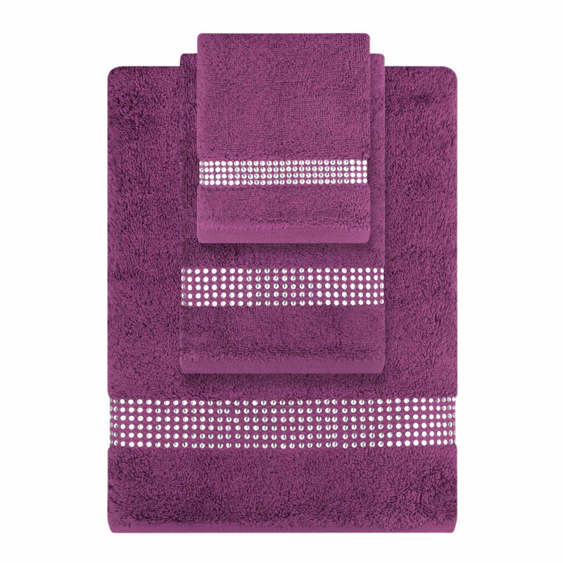 Sparkles Home | 3 Piece Cotton Towel Set | Rhinestone Stripe | Elegant Bathroom Decor, Purple
