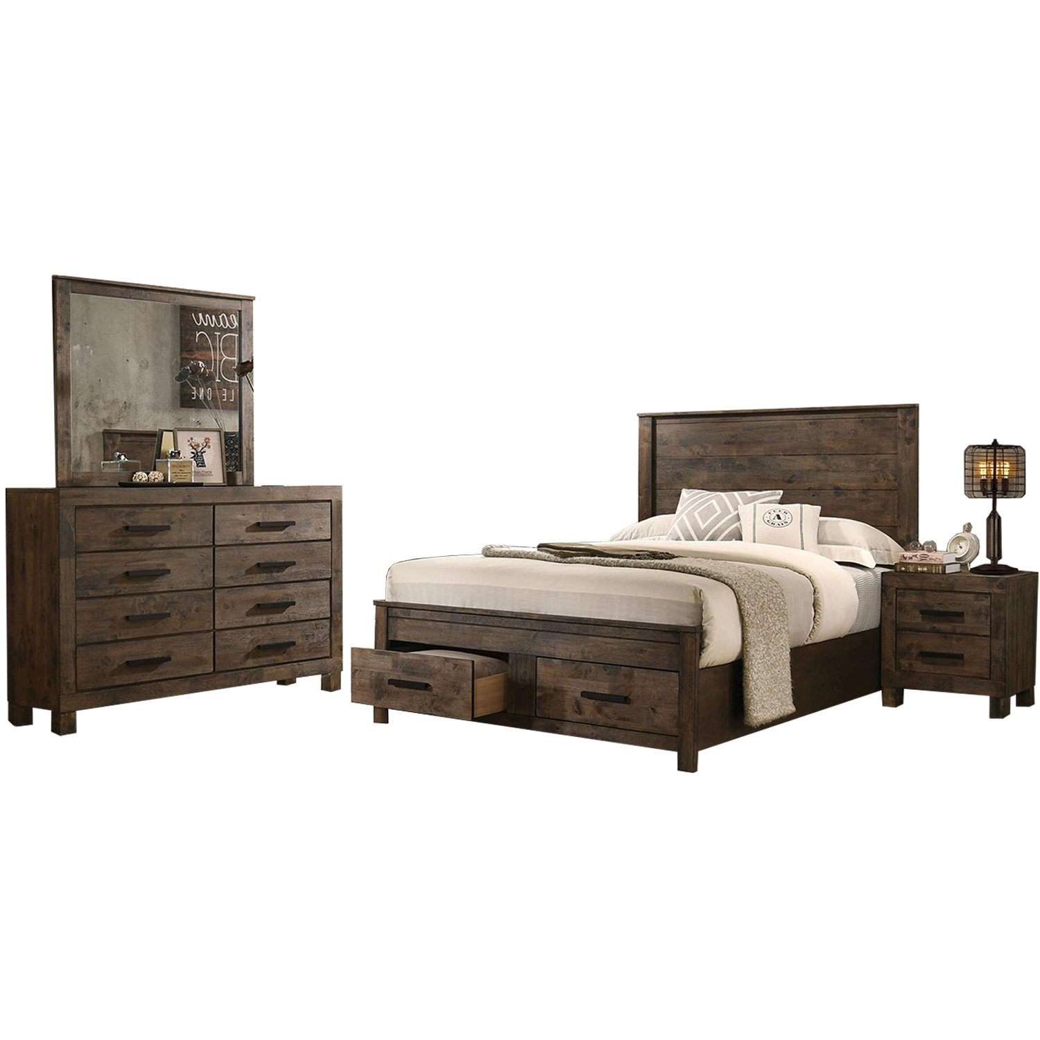 Wade Logan® Latavion 4 Piece Wooden Storage Queen Platform Bedroom Set In Rustic Golden Brown ...