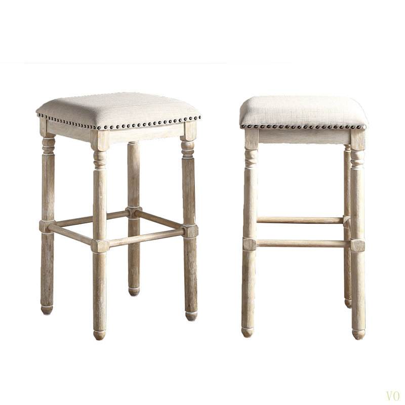 Arnhem Wood Upholstered Bar Stools, Set Of 2, Beige, Tan
