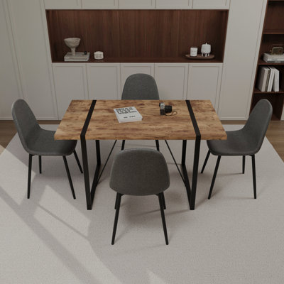 55" Mdf Dark Wood Dining Table And Modern Dining Chair Set Of 4 Pieces, Medieval Wooden Kitchen Dining Table Set, Black Rectangular Metal Base, Dining