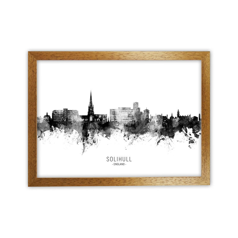 Solihull England Skyline Black White City Name by Michael Tompsett - Print, 34cm H x 46cm W x 3cm D, Brown Framed