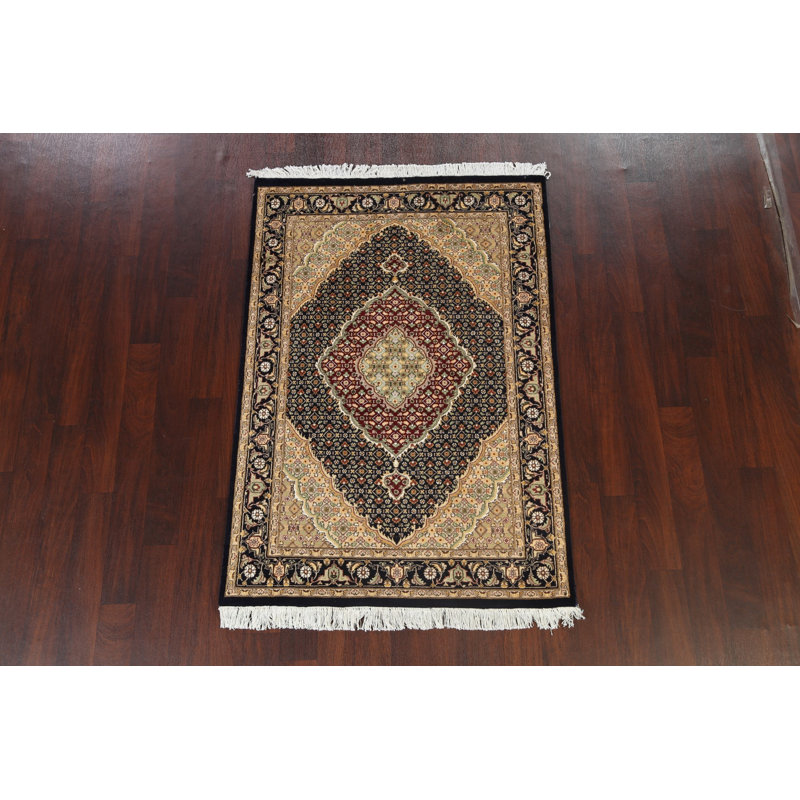 Tapis bleu marine / bleu noué à la main de conception unique 4 pi x 5 pi 11 po New Age