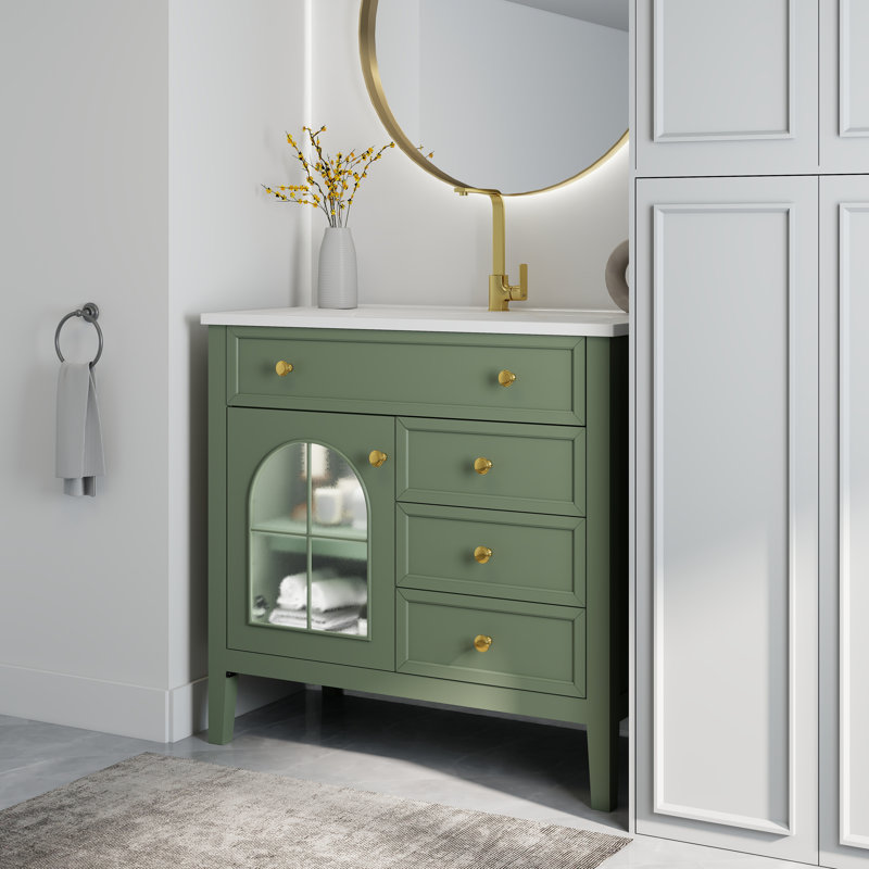 Lavabo de salle de bain 35,6 po Mid-Century avec verre à motif et bande lumineuse à capteur de mouvement, Vert
