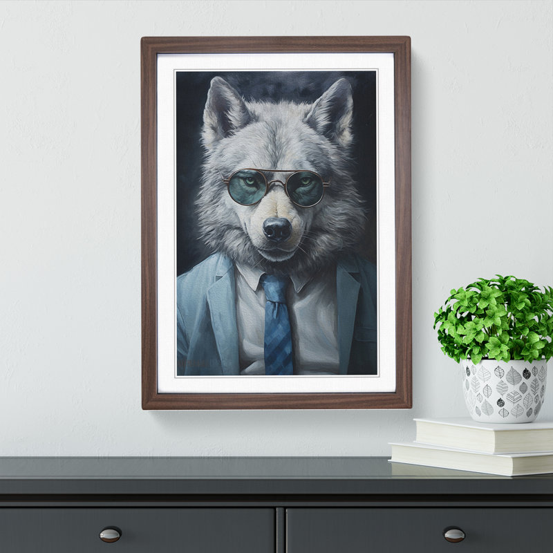 XYZ-FRM-V1223-1706 Wolf With Glasses Painting No.3 - Single Picture Frame Print on Wood, Walnut , 34cm H x 25cm W x 2cm D