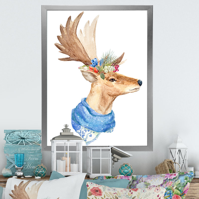 Portrait de chevreuil pour enfants - peinture sur toile, Toile avec cadre photo argenté, H 36 po x l 24 po x P 1 po