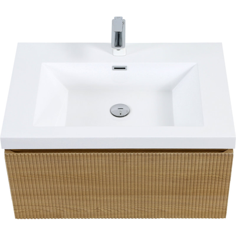 Ensemble de meuble-lavabo flottant 30 po avec lavabo, meuble de rangement mural moderne à rayures avec tiroir à fermeture en douceur et cuve à surface solide