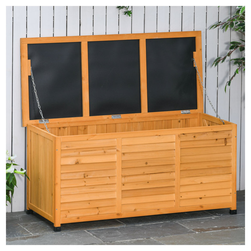 Outsunny 75 Gallon Wooden Deck Box, Outdoor Storage Container with Ventilation Gaps and Lid Support Chains, Yellow Finish