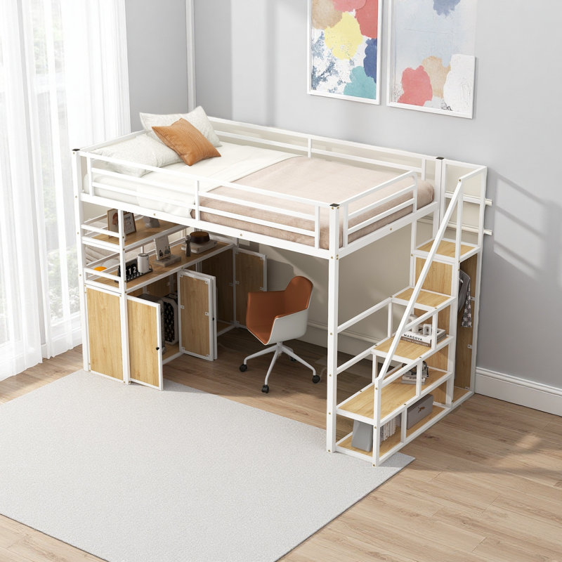 Lit mezzanine double en métal avec escalier de rangement et garde-robe, tablettes et casiers, Blanc