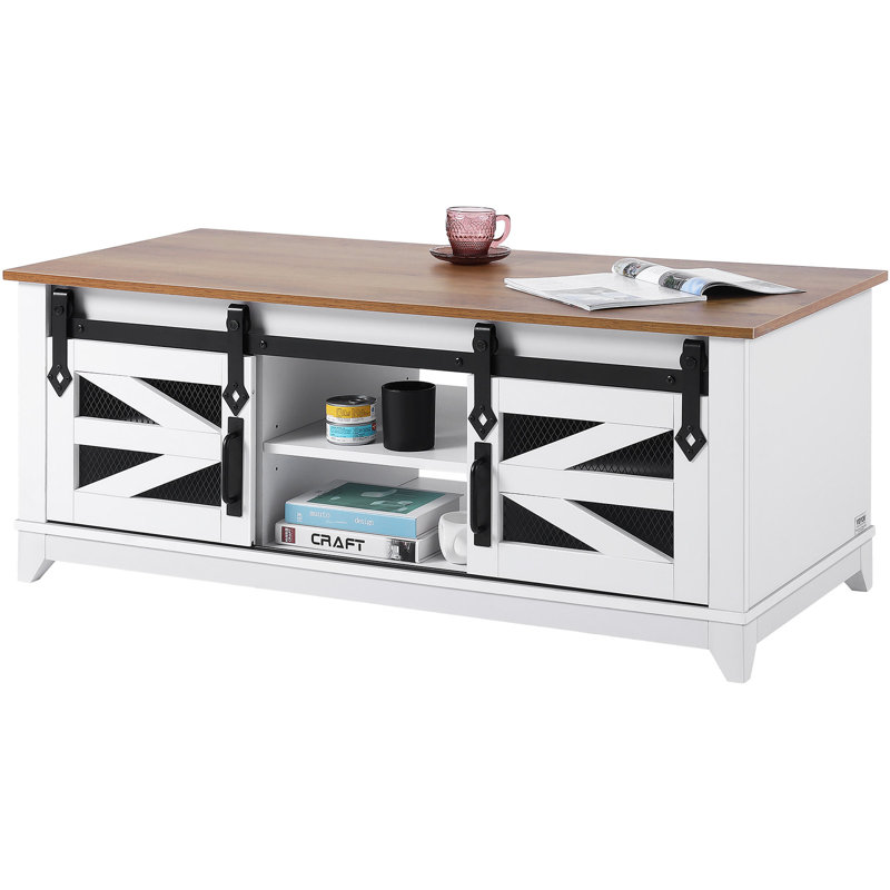 48" White and Walnut Wood Lift-Top Farmhouse Coffee Table