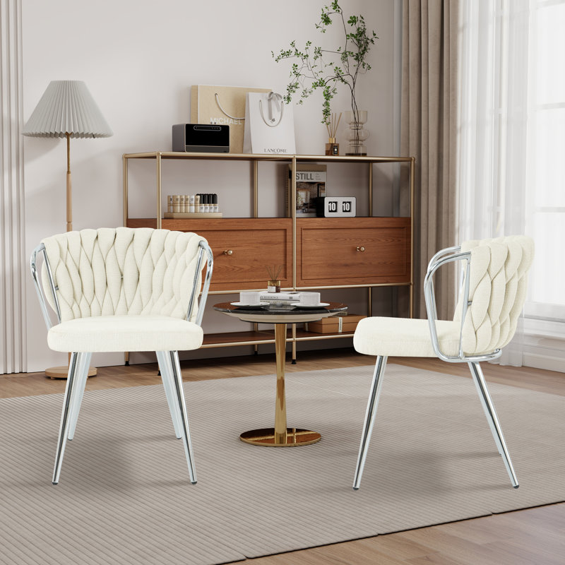Chaise de salle à manger rembourrée en métal (ensemble de 2), Blanc, Argent argent