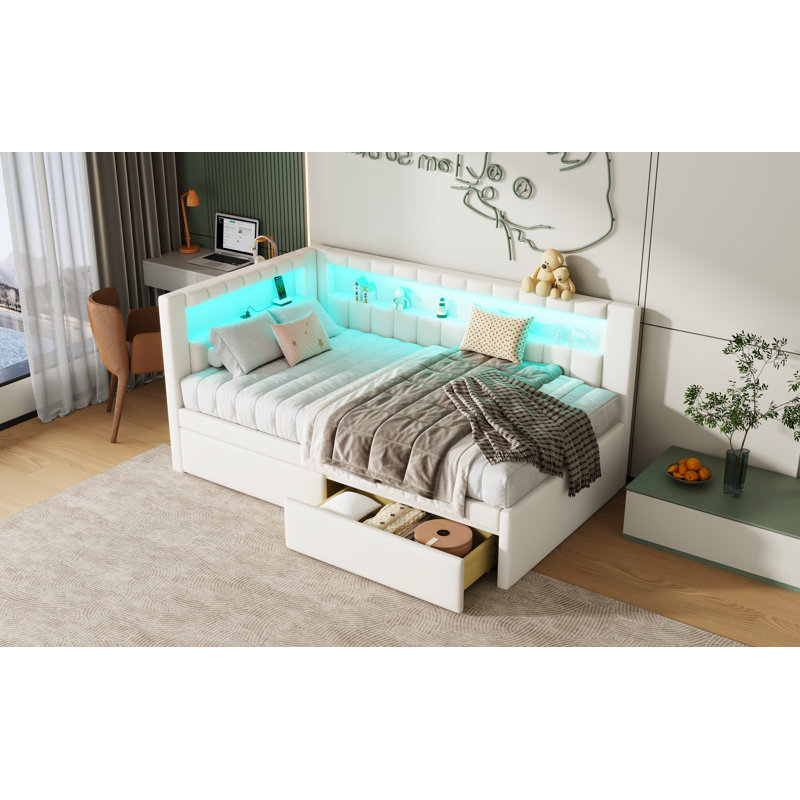 Lit plateforme tapissier simple avec ports USB et ceinture à DEL, avec 2 tiroirs, blanc