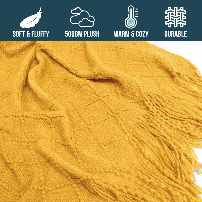 Mustard Yellow Knitted Fleece Reversible Throw Blanket