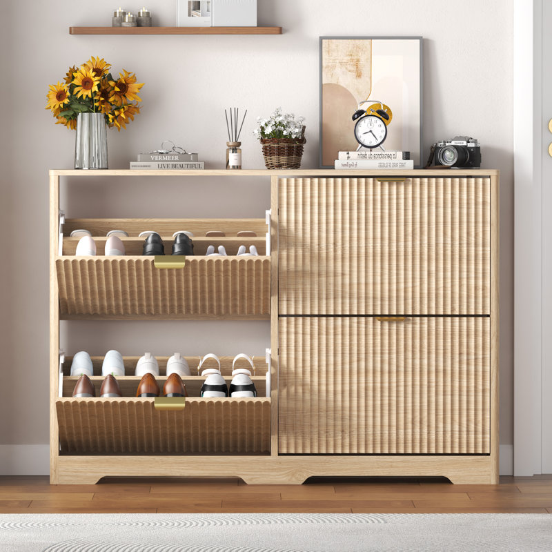 33-inch Wavy-Patterned Four-Door Shoe Cabinet with Grooved Flip-Top Drawers and Moisture-Resistant Countertop, Beige