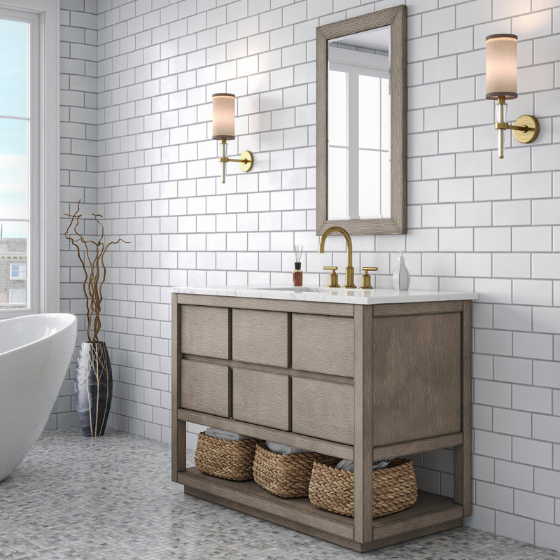 Oakman 48 In. Double Sink Carrara White Marble Countertop Bath Vanity In Grey Oak With Gold Faucets