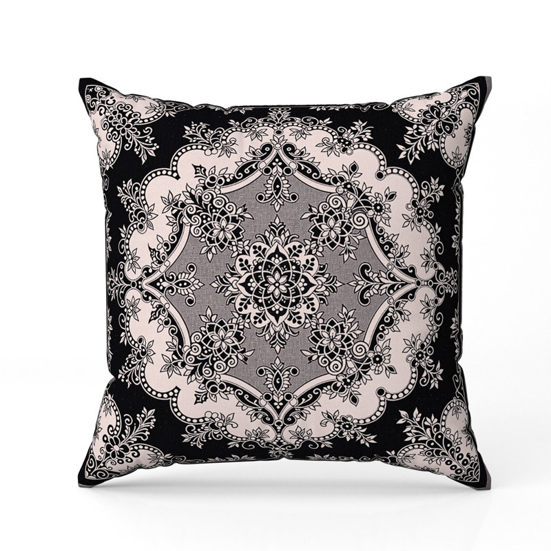 Coussin décoratif floral intérieur / extérieur Floral Arabesque, H 20 po x l 20 po, Noir / mauve