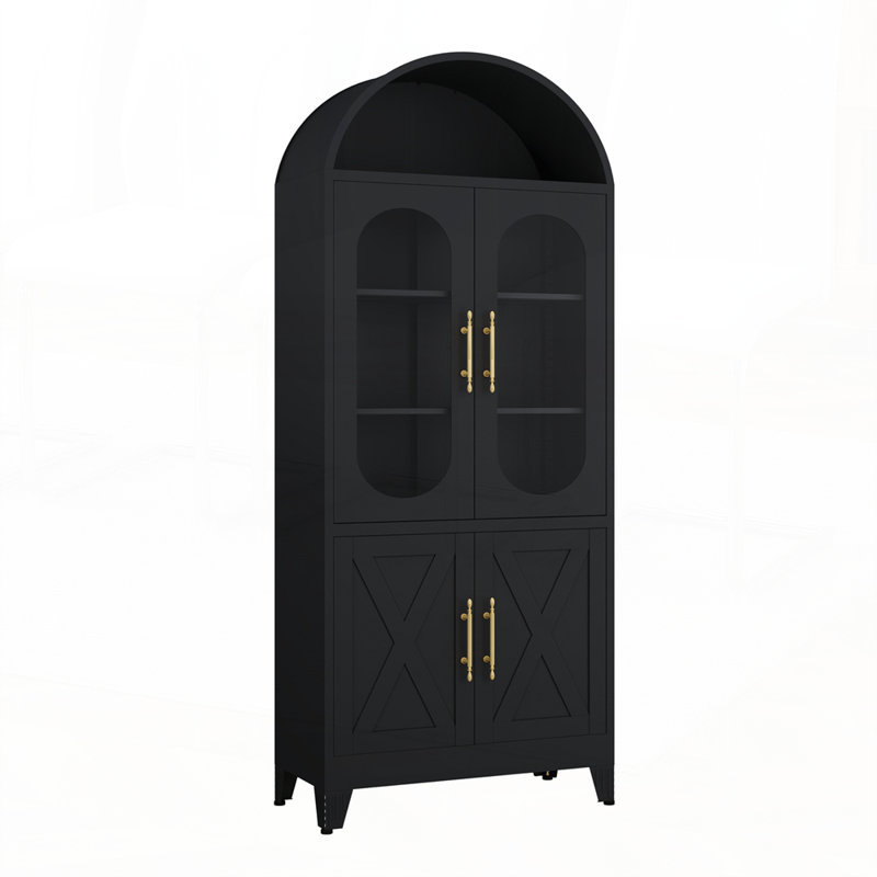 Farmhouse Style Kitchen Pantry with Glass Doors Multi-functional Storage for Home, Black