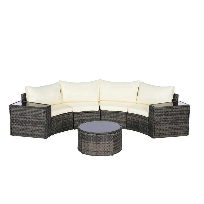 Ensemble de canapé modulaire d'extérieur demi-lune 7 pièces avec table basse ronde en verre trempé, Beige, 6